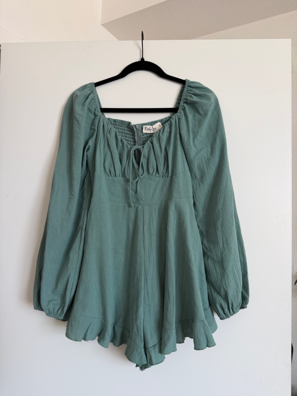 Hello Molly Sage Green Long-Sleeve Romper with Tie Front